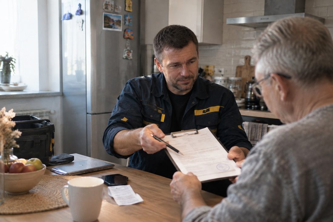 Мастер заканчивает ремонт холодильника